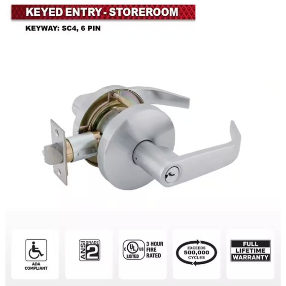 Commercial Keyed Curved Lever Cylindrical UL 3Hr Fire ANSI Grd 2, Satin Chrome - Picture 3 of 12